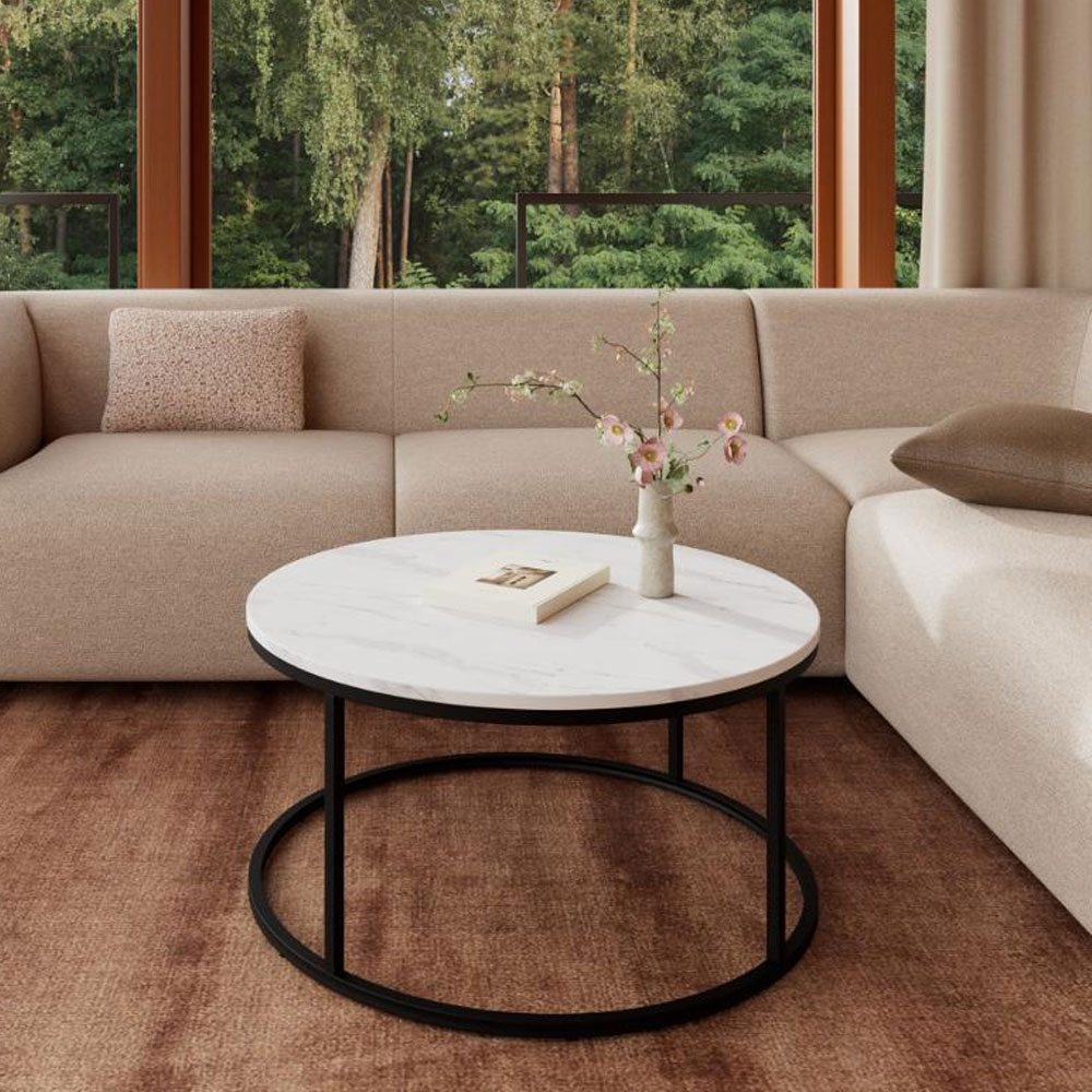 Suva White Marble Granada Top Coffee Table with Matt Black Steel Base