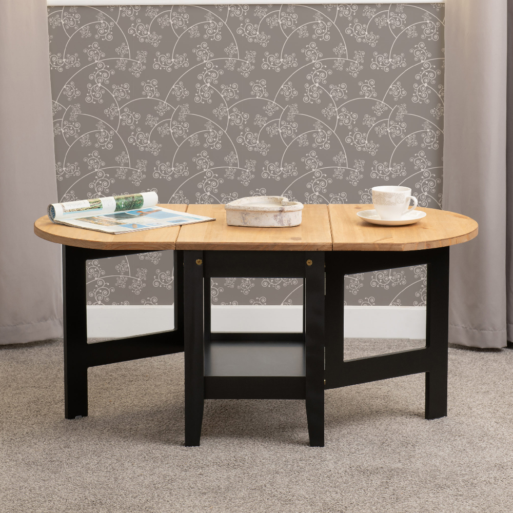 Read more about Suva wooden drop leaf coffee table in waxed pine and black