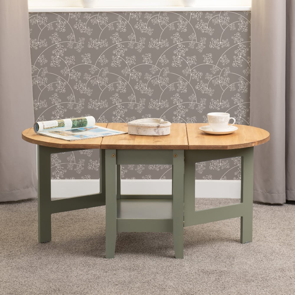 Read more about Suva wooden drop leaf coffee table in waxed pine and green