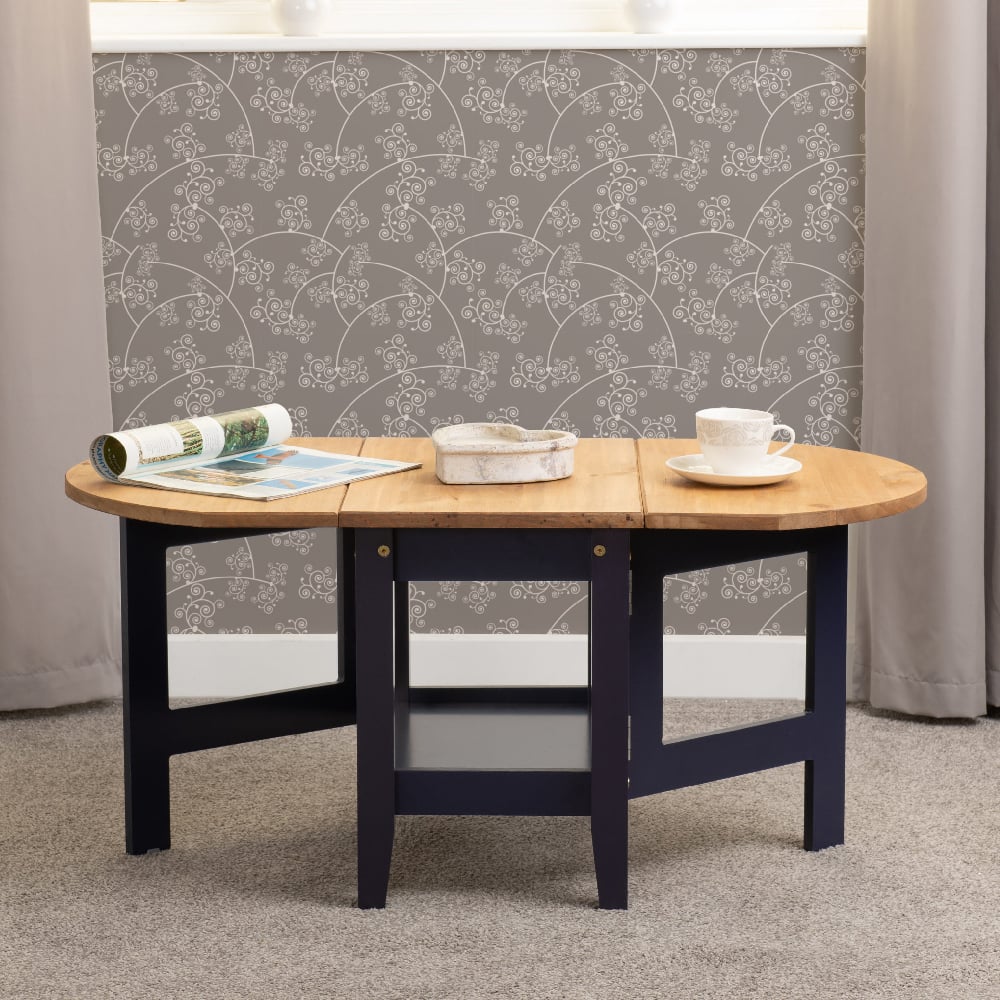 Read more about Suva wooden drop leaf coffee table in waxed pine and navy blue