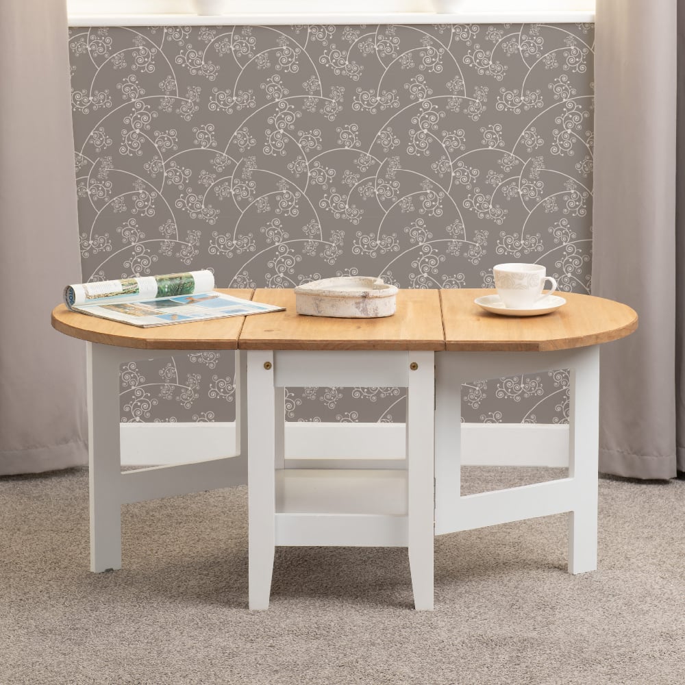 Read more about Suva wooden drop leaf coffee table in waxed pine and white