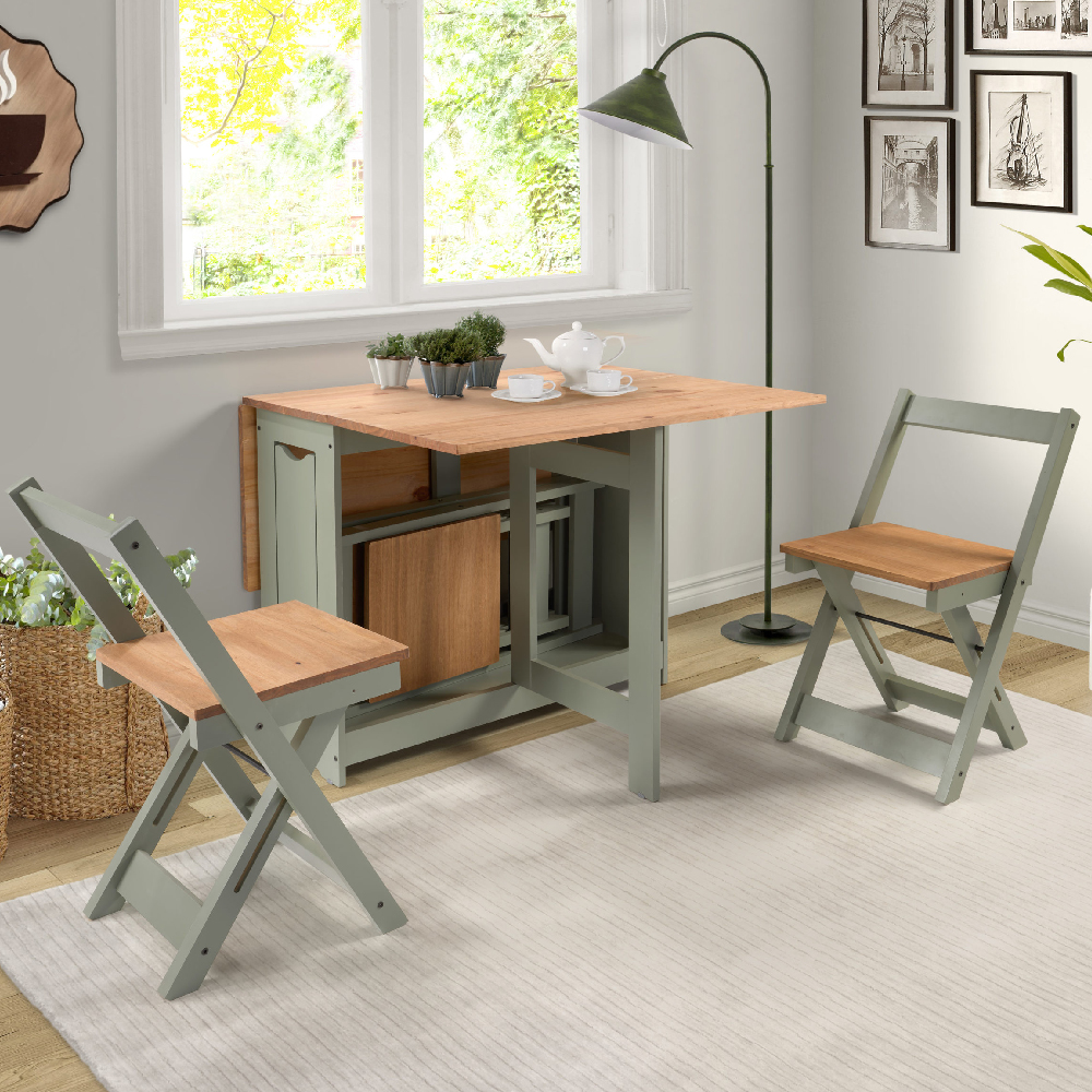 Suva Wooden Folding Dining Table With 4 Chairs In Green Waxed Pine