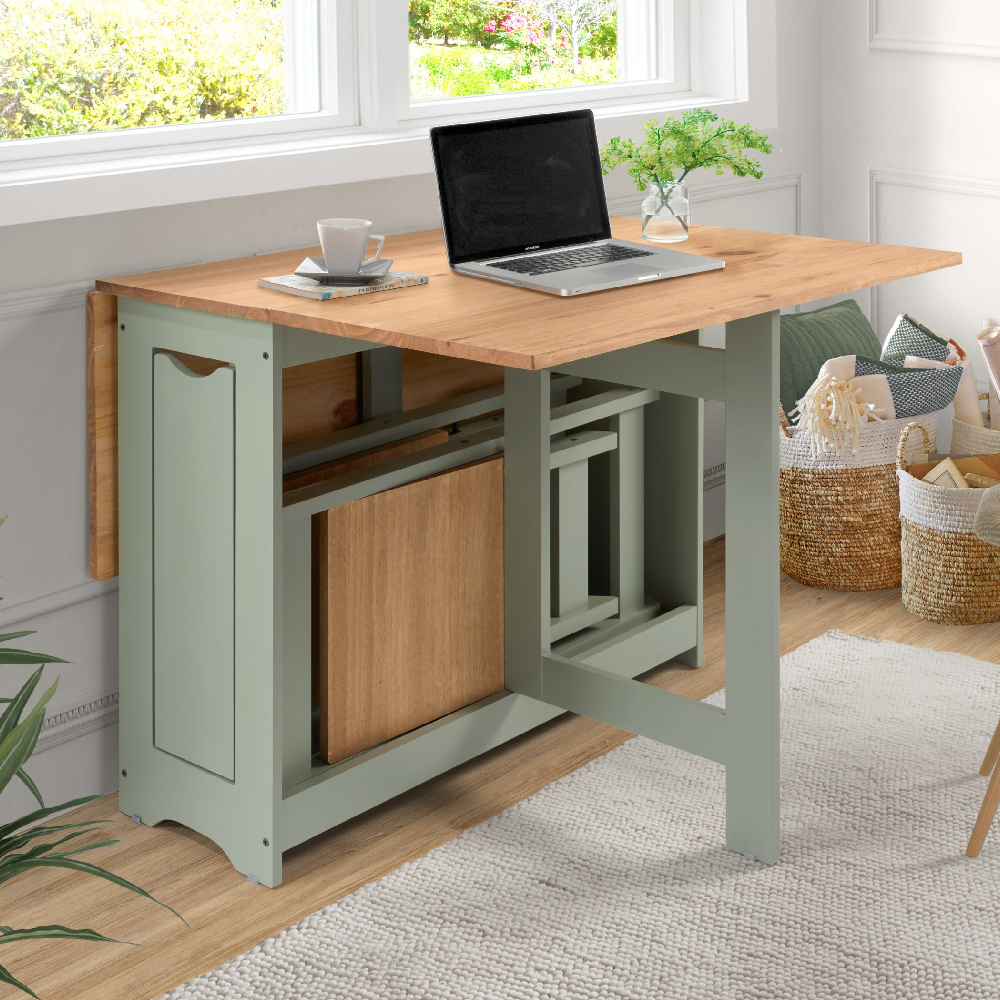 Suva Wooden Folding Dining Table With 4 Chairs In Green Waxed Pine