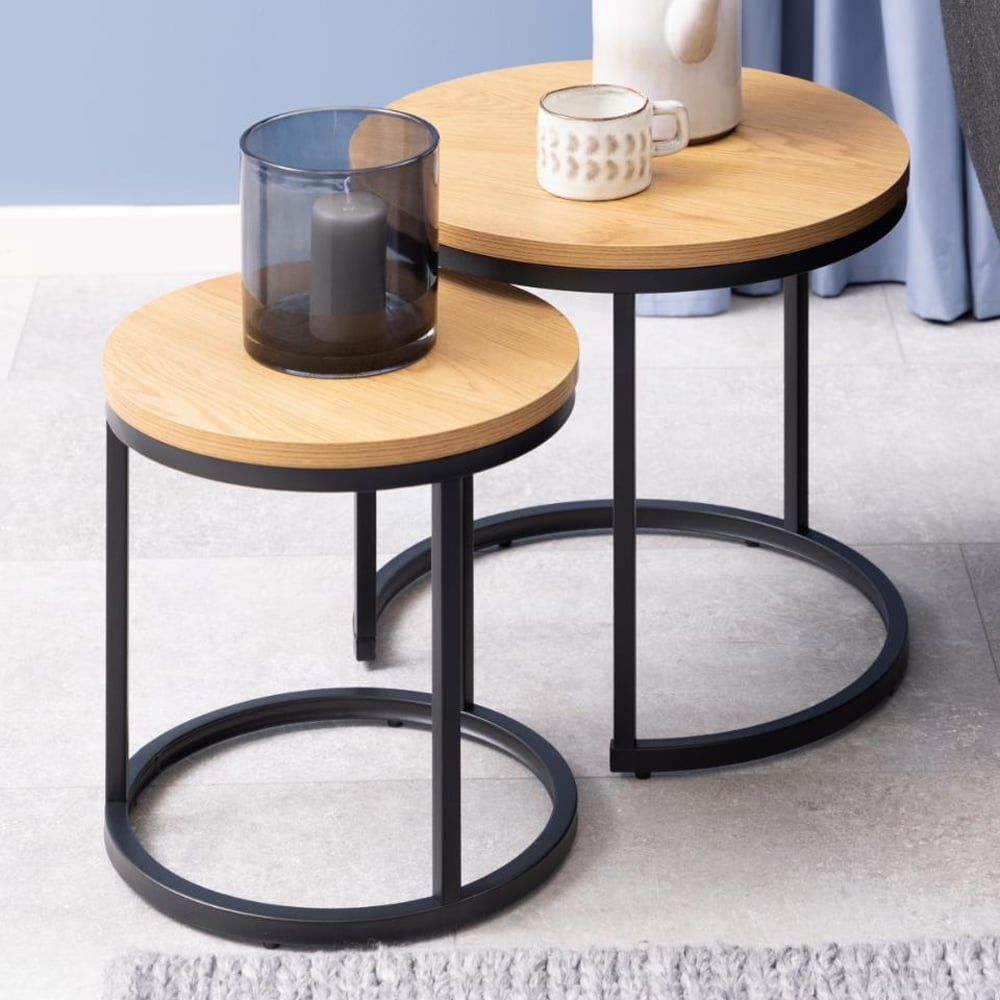 Suva Wooden Round Nest Of 2 Tables In Matt Wild Oak