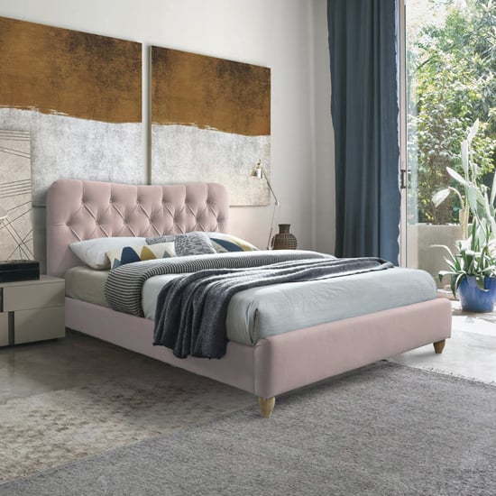 Product photograph of Suzum Fabric Upholstered Double Bed In Blush Pink from Furniture in Fashion