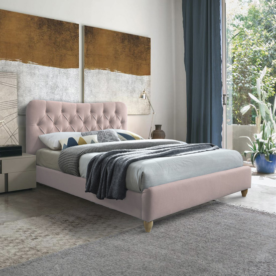 Product photograph of Suzum Fabric Upholstered King Size Bed In Blush Pink from Furniture in Fashion