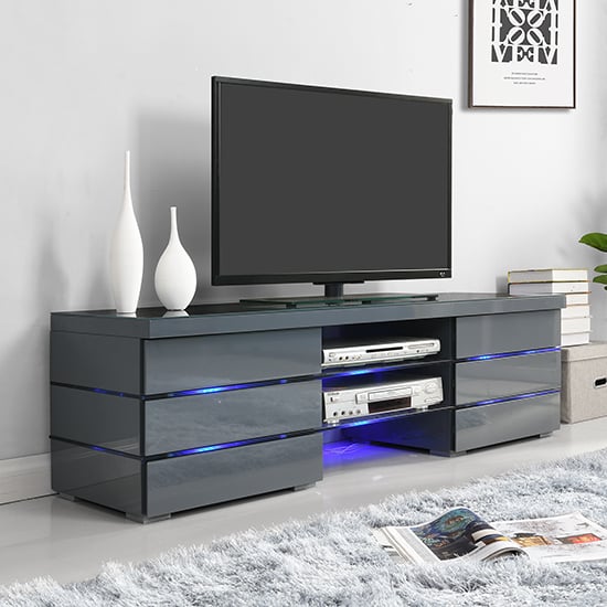 Product photograph of Svenja High Gloss Tv Stand In Grey With Blue Led Lighting from Furniture in Fashion