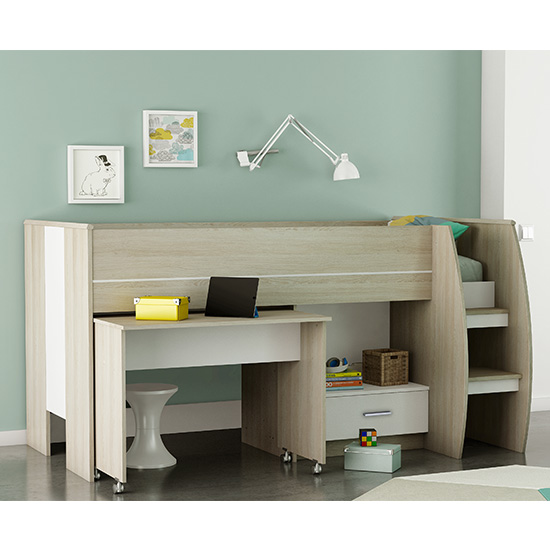 View Swatch bunk bed with desk in shannon oak and pearl white