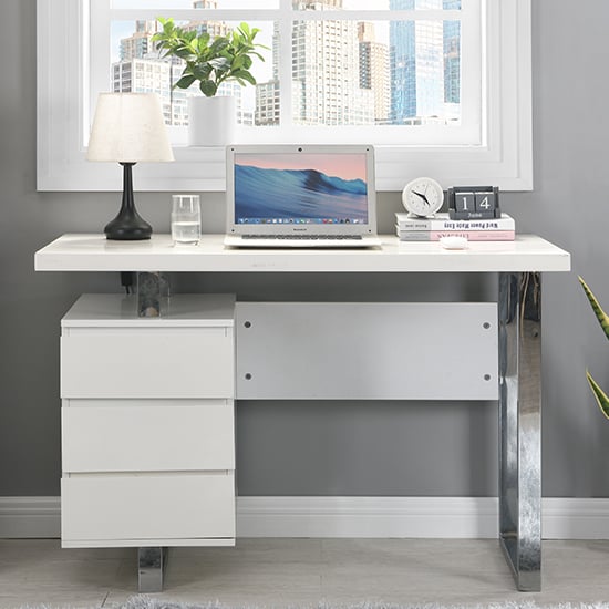 Sydney High Gloss Computer Desk With 3 Drawers In White_2