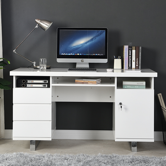 Sydney High Gloss Computer Desk In White With 3 Drawers_2