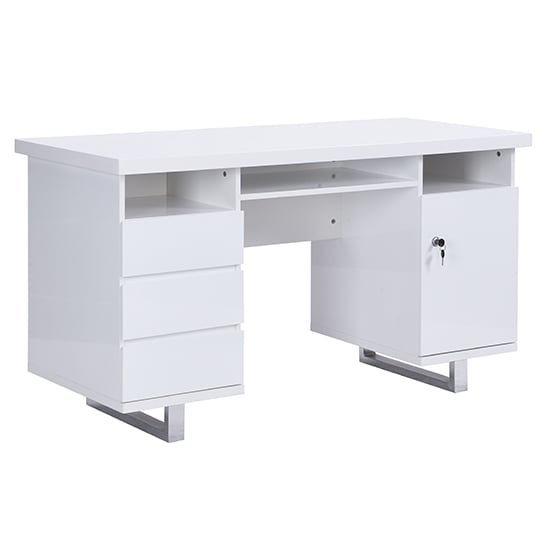 Sydney High Gloss Computer Desk In White With 3 Drawers_3