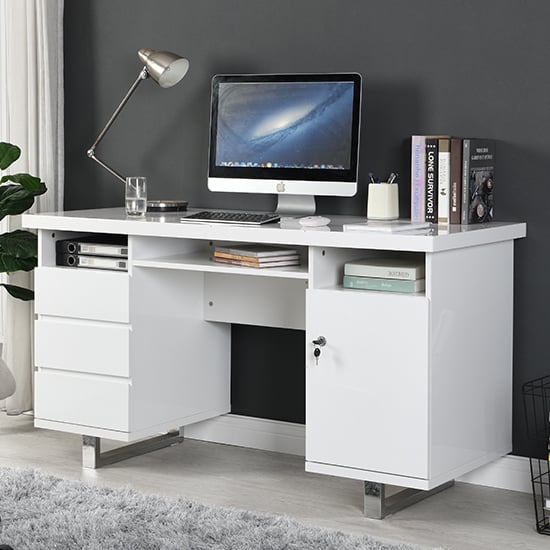 Product photograph of Sydney High Gloss Computer Desk In White With 3 Drawers from Furniture in Fashion