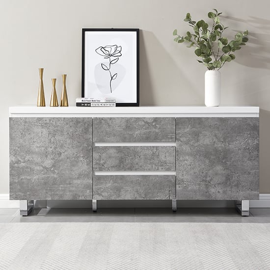 Sydney Large High Gloss Sideboard In White And Concrete Effect_2