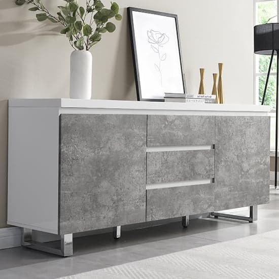 Sydney Large High Gloss Sideboard In White And Concrete Effect