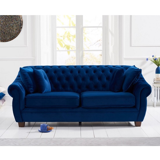 Sylvan Chesterfield Fabric 3 Seater Sofa In Blue Plush Furniture in