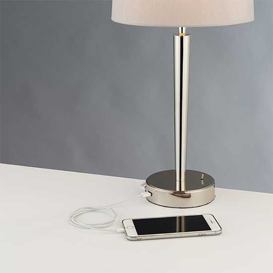 Syon USB Mink Fabric Table Lamp In Bright Nickel
