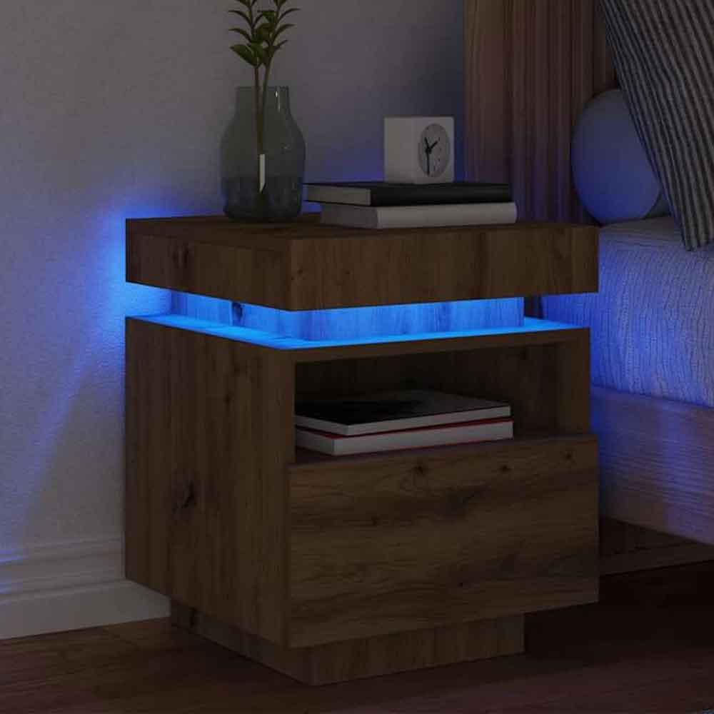 Syracuse Wooden Bedside Cabinet With 1 Drawer And LED - Artisan Oak