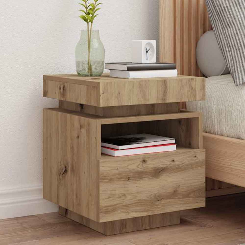 Syracuse Wooden Bedside Cabinet With 1 Drawer And LED - Artisan Oak