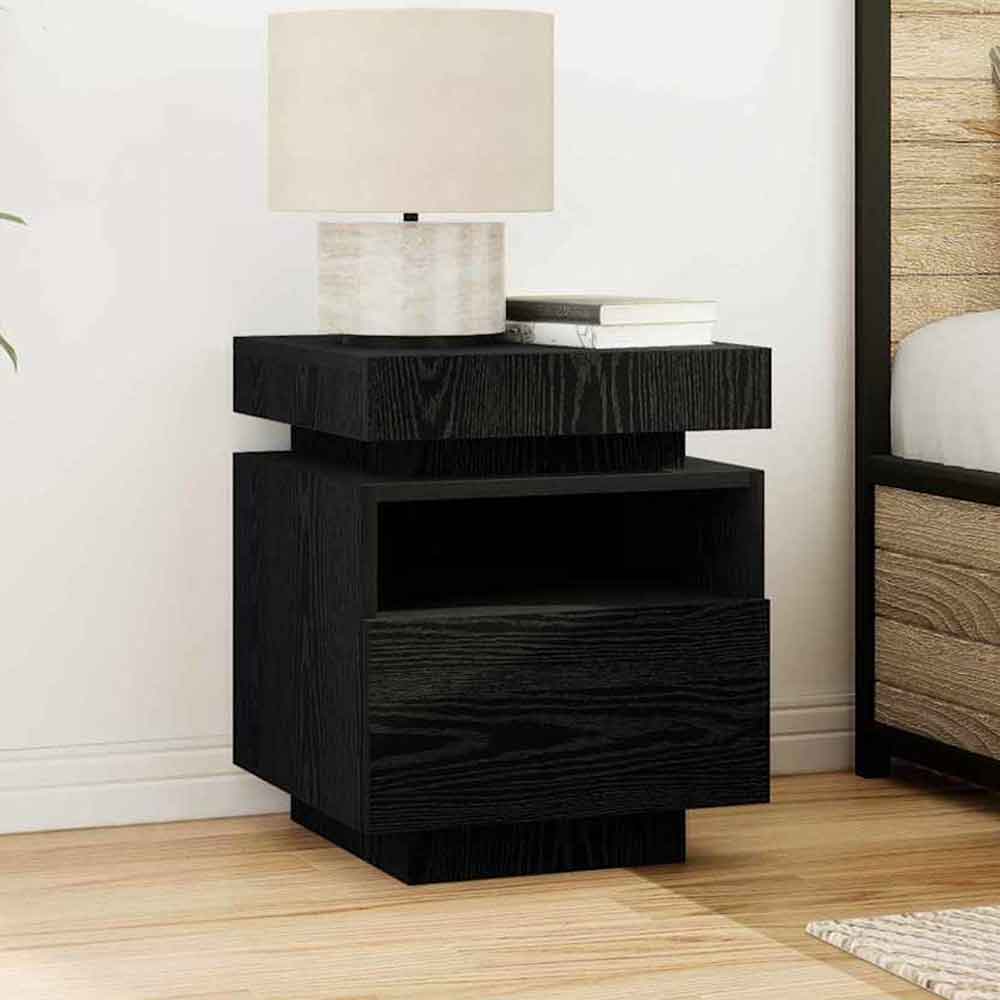 Syracuse Wooden Bedside Cabinet With 1 Drawer And LED - Black Oak