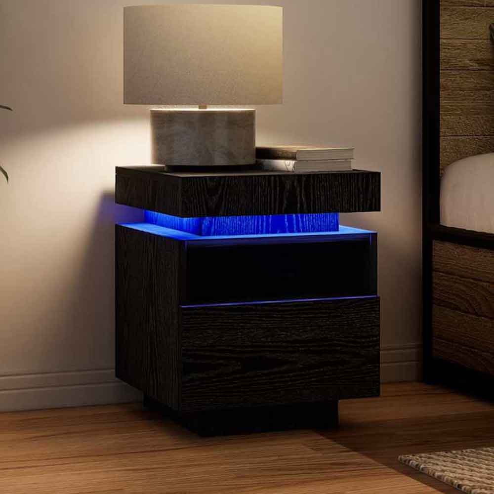 Syracuse Wooden Bedside Cabinet With 1 Drawer And LED - Black Oak