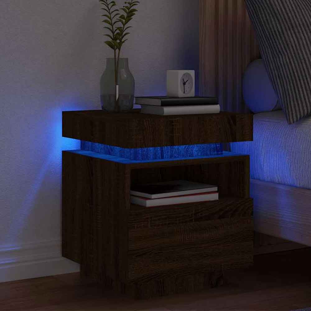 Syracuse Wooden Bedside Cabinet With 1 Drawer And LED - Brown Oak