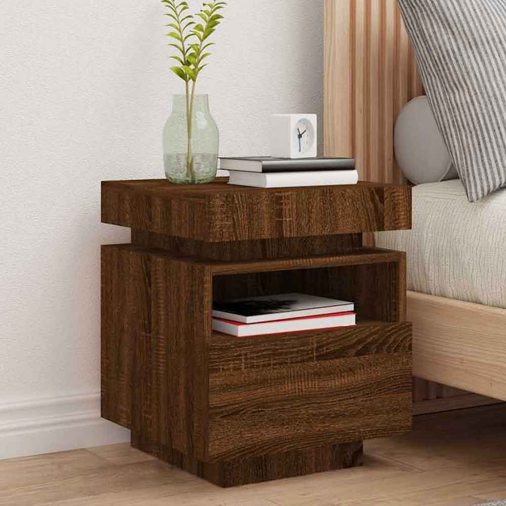 Syracuse Wooden Bedside Cabinet With 1 Drawer And LED - Brown Oak