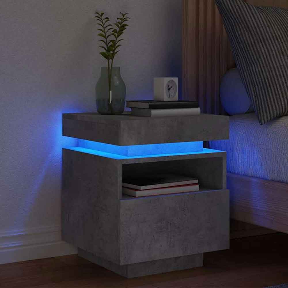 Syracuse Wooden Bedside Cabinet With 1 Drawer And LED - Concrete Grey