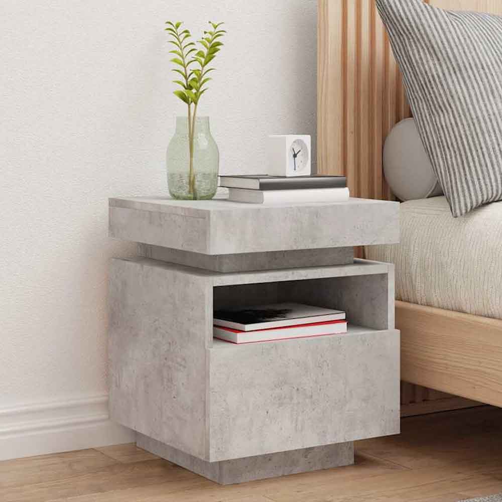 Syracuse Wooden Bedside Cabinet With 1 Drawer And LED - Concrete Grey