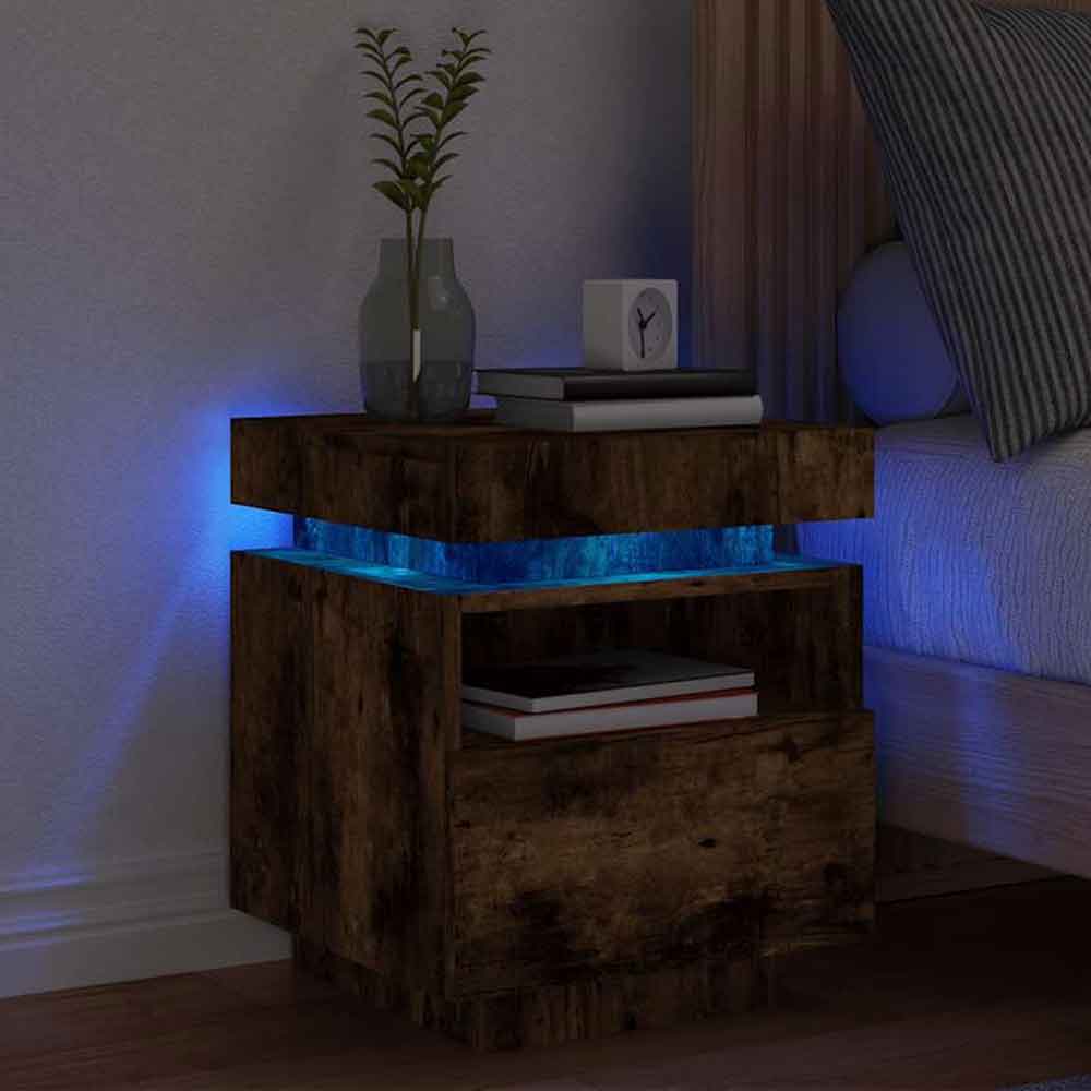 Syracuse Wooden Bedside Cabinet With 1 Drawer And LED - Smoked Oak