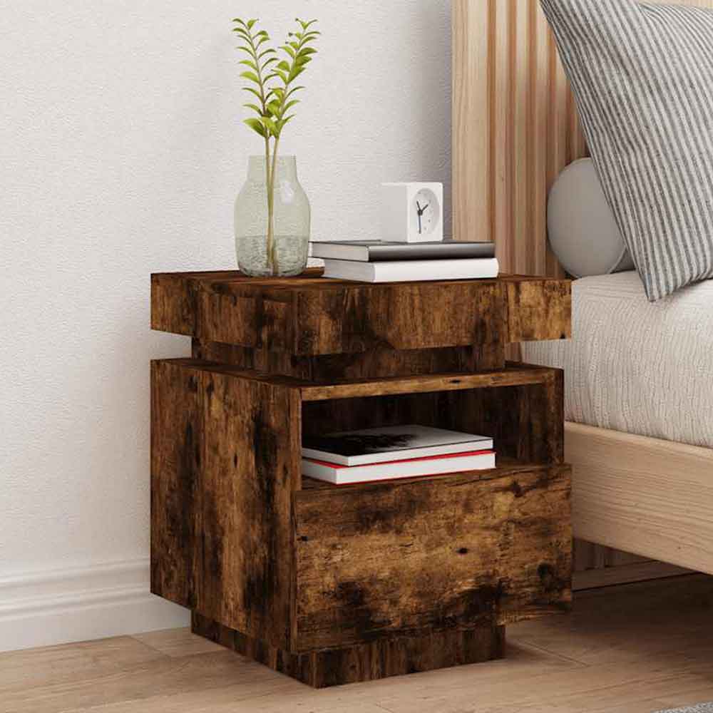 Syracuse Wooden Bedside Cabinet With 1 Drawer And LED - Smoked Oak