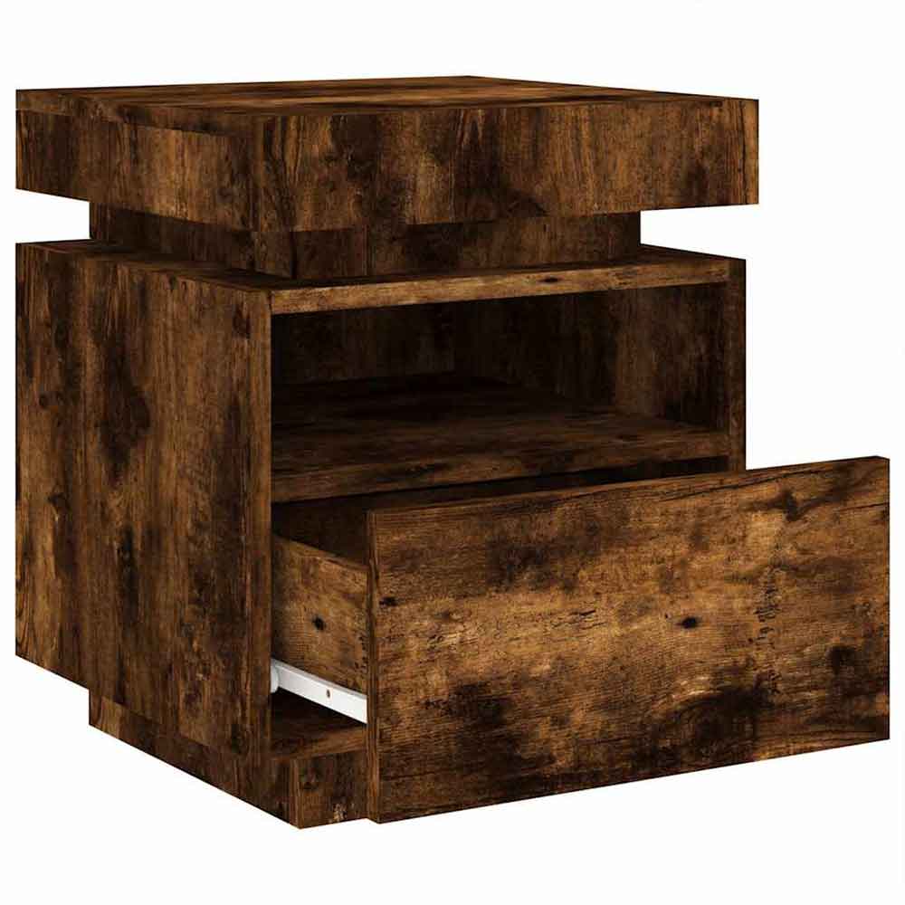 Syracuse Wooden Bedside Cabinet With 1 Drawer And LED - Smoked Oak