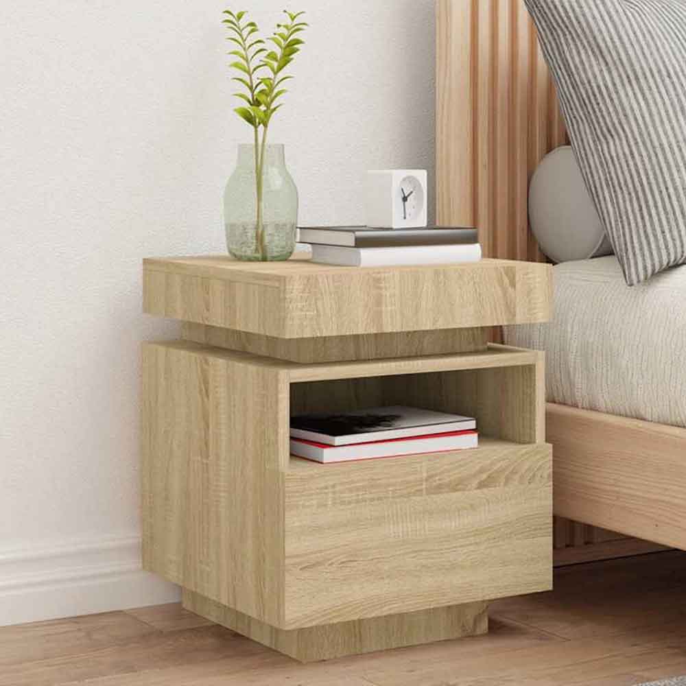 Syracuse Wooden Bedside Cabinet With 1 Drawer And LED - Sonoma Oak