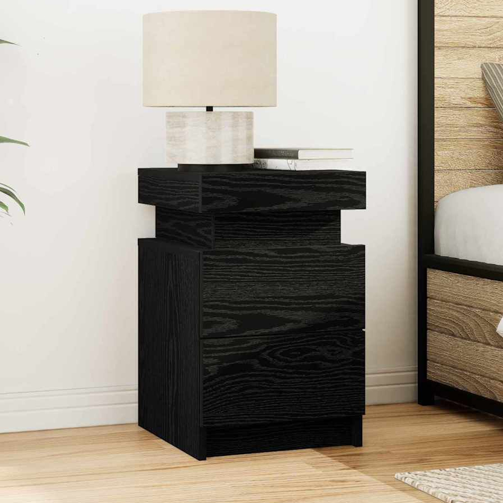 Syracuse Wooden Bedside Cabinet With 2 Drawers And LED - Black Oak
