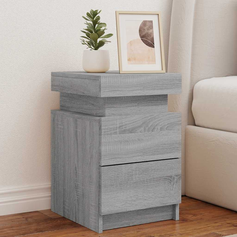 Syracuse Wooden Bedside Cabinet With 2 Drawers And LED - Grey Sonoma