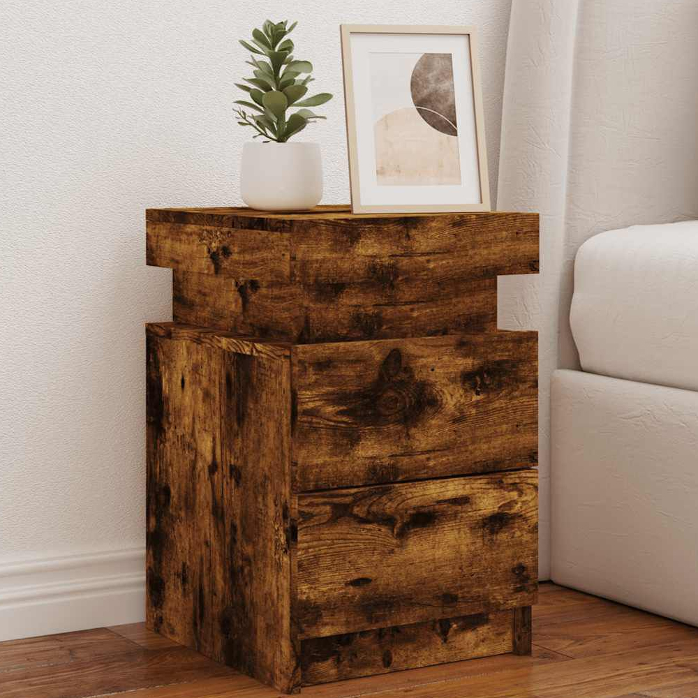 Syracuse Wooden Bedside Cabinet With 2 Drawers And LED - Smoked Oak