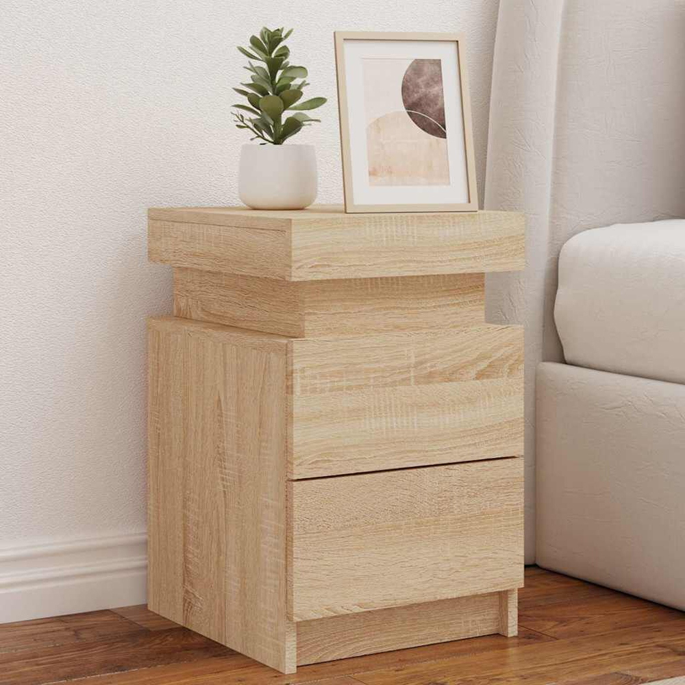 Syracuse Wooden Bedside Cabinet With 2 Drawers And LED - Sonoma Oak