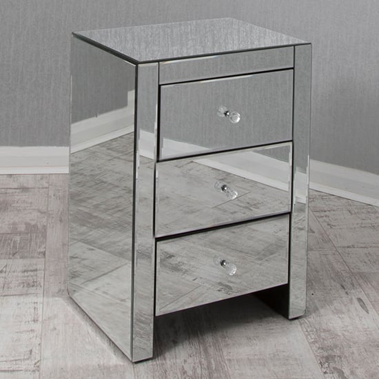 Taara Clear Glass Bedside Cabinet With 3 Drawers In Mirrored