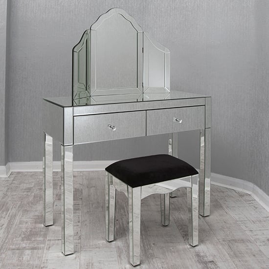 Taara Clear Glass Dressing Table With Stool And Mirror