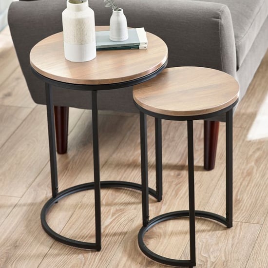 Product photograph of Tacita Round Wooden Nest Of Side Tables In Sonoma Oak from Furniture in Fashion