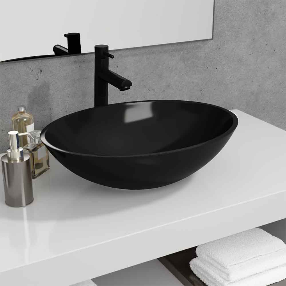 Tacoma Oval Countertop Basin Without Waste 500mm Wide 0TH - Black Glass