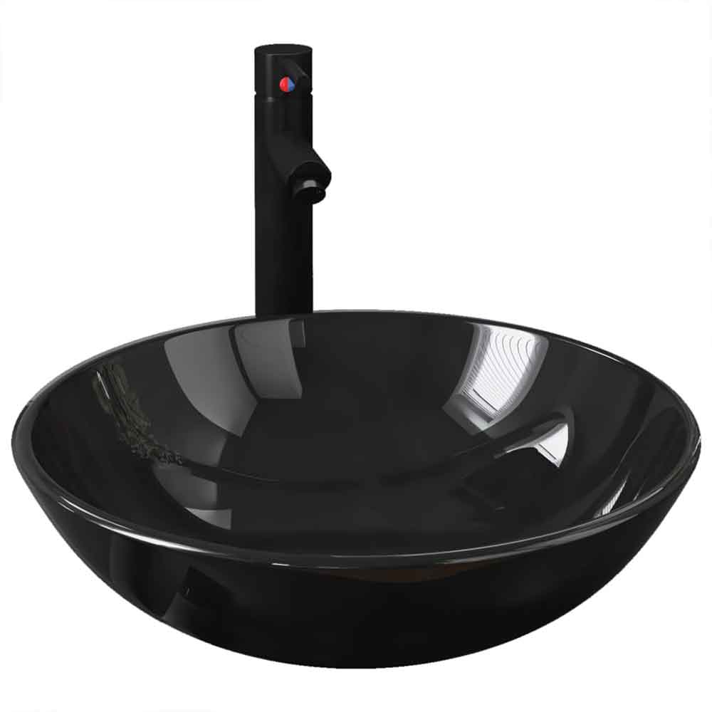 Tacoma Round Countertop Basin 420mm Wide With Black Tap And Waste - Black Glass