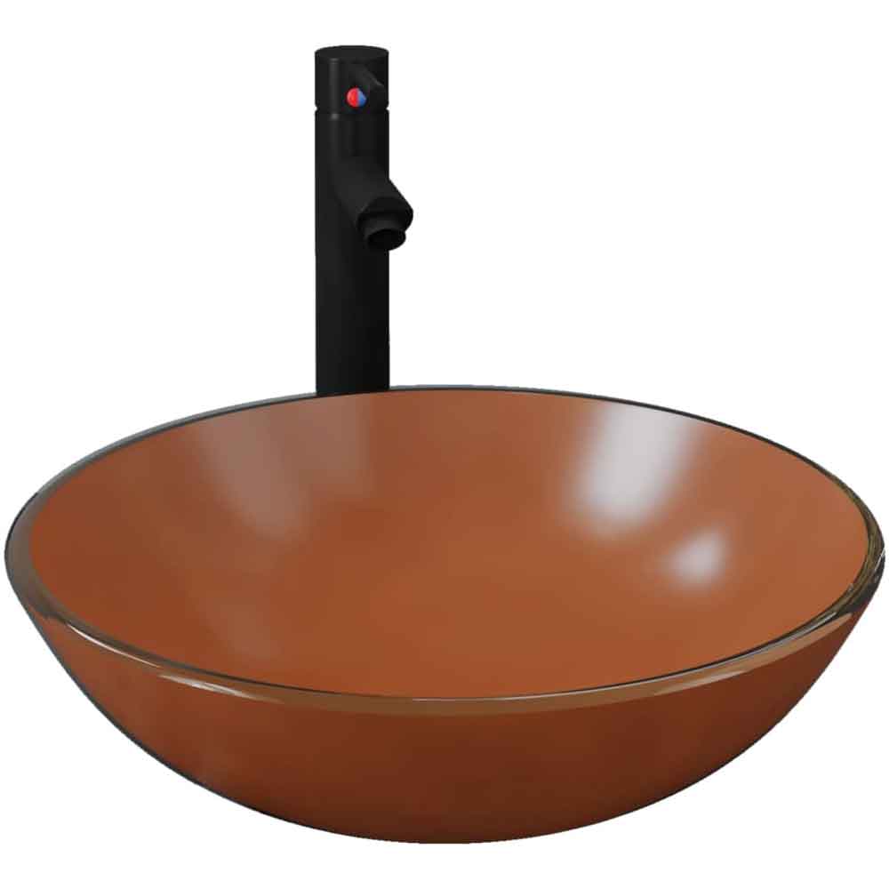 Tacoma Round Countertop Basin 420mm Wide With Black Tap And Waste - Brown Glass