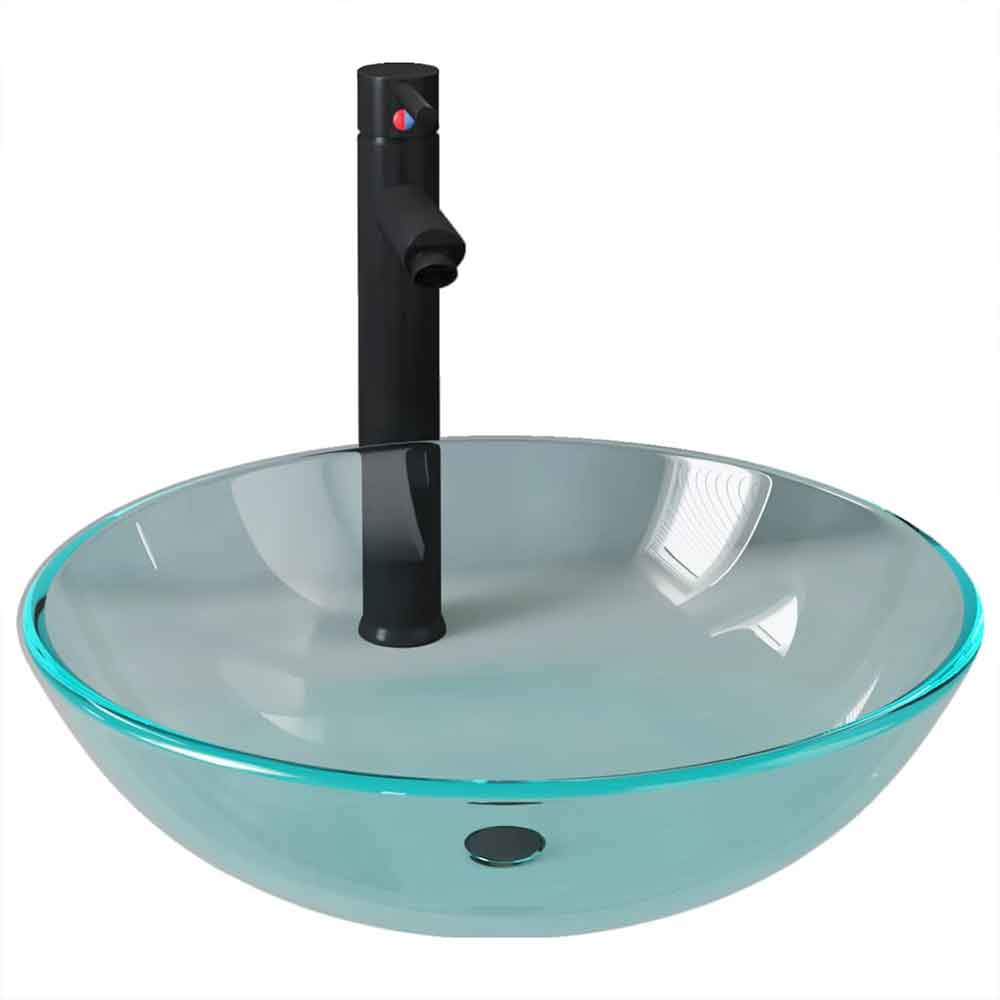 Tacoma Round Countertop Basin 420mm Wide With Black Tap And Waste - Clear Glass