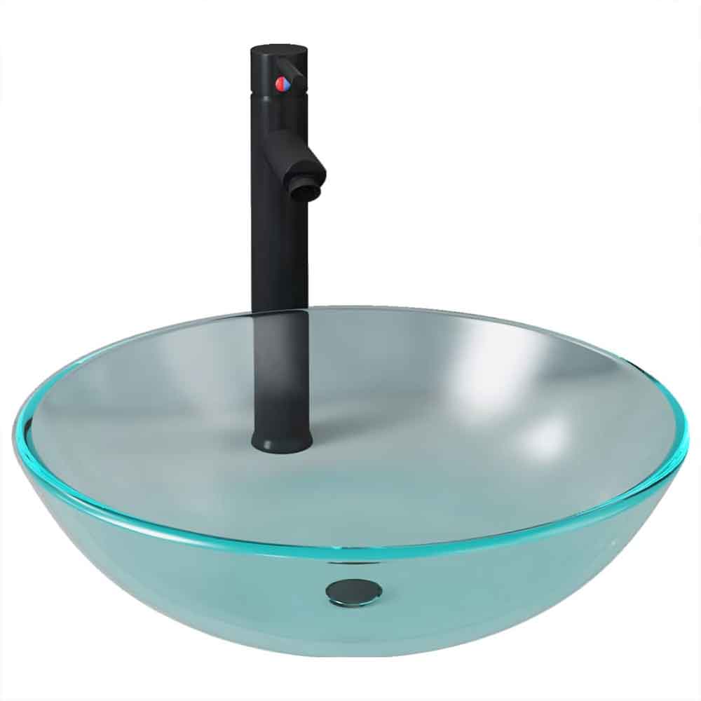 Tacoma Round Countertop Basin 420mm Wide With Black Tap And Waste - Half Frosted Glass