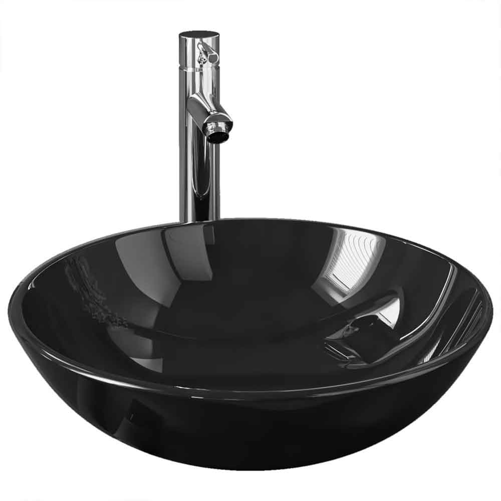 Tacoma Round Countertop Basin 420mm Wide With Chrome Tap And Waste - Black Glass