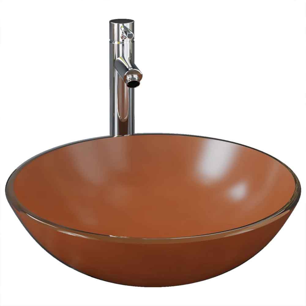 Tacoma Round Countertop Basin 420mm Wide With Chrome Tap And Waste - Brown Glass