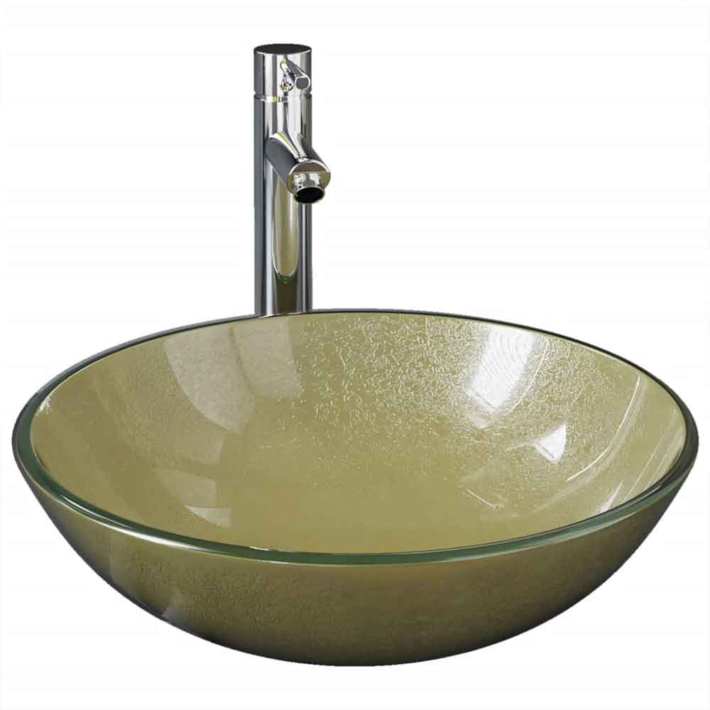 Tacoma Round Countertop Basin 420mm Wide With Chrome Tap And Waste - Gold Glass
