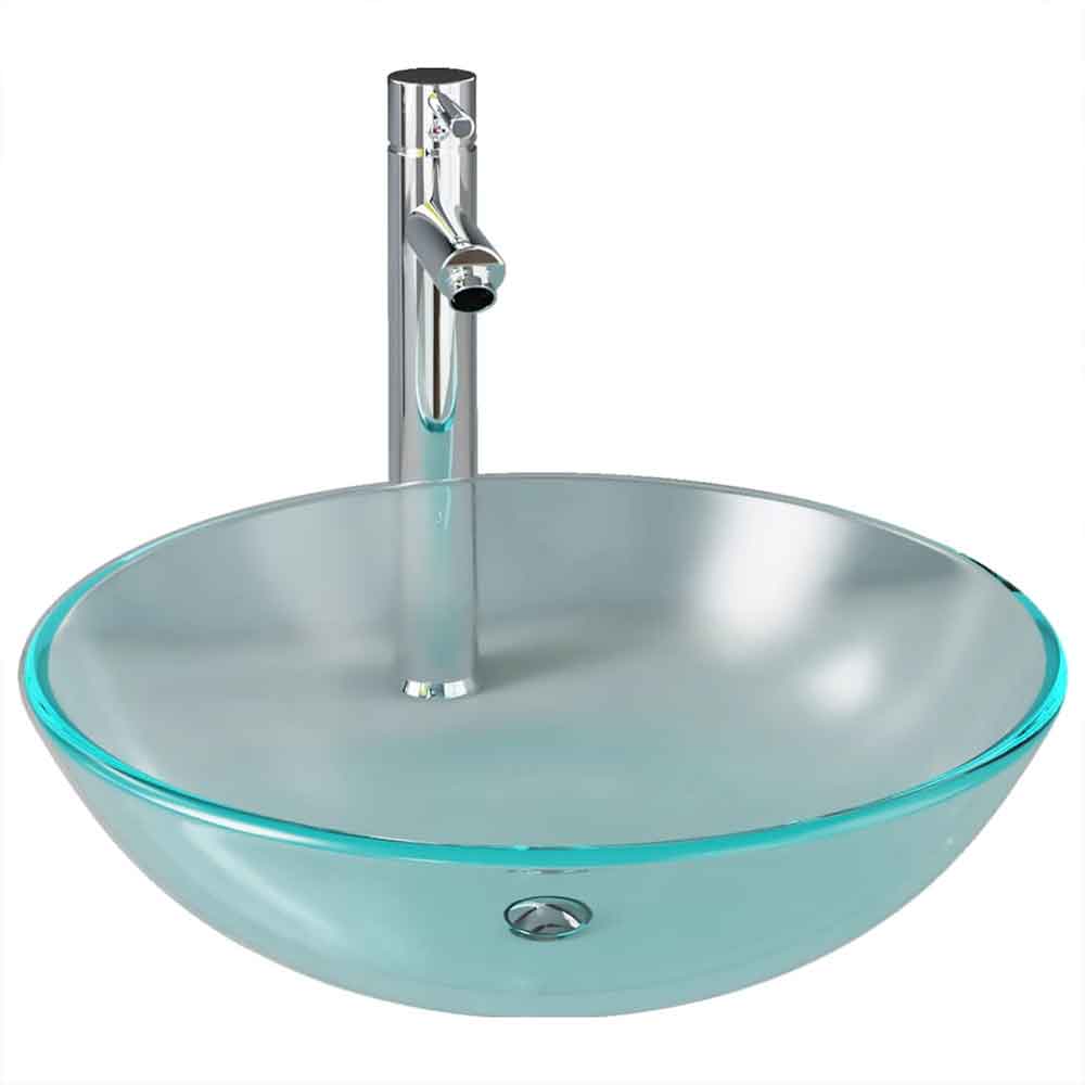 Tacoma Round Countertop Basin 420mm Wide With Chrome Tap And Waste - Half Frosted Glass