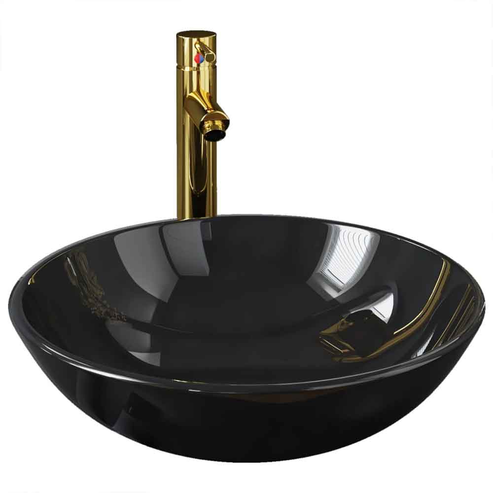 Tacoma Round Countertop Basin 420mm Wide With Gold Tap And Waste - Black Glass