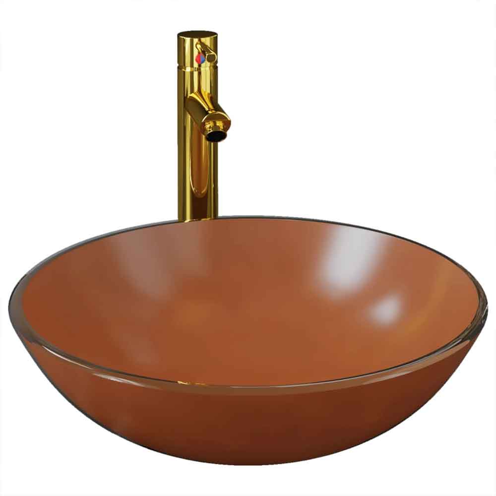 Tacoma Round Countertop Basin 420mm Wide With Gold Tap And Waste - Brown Glass